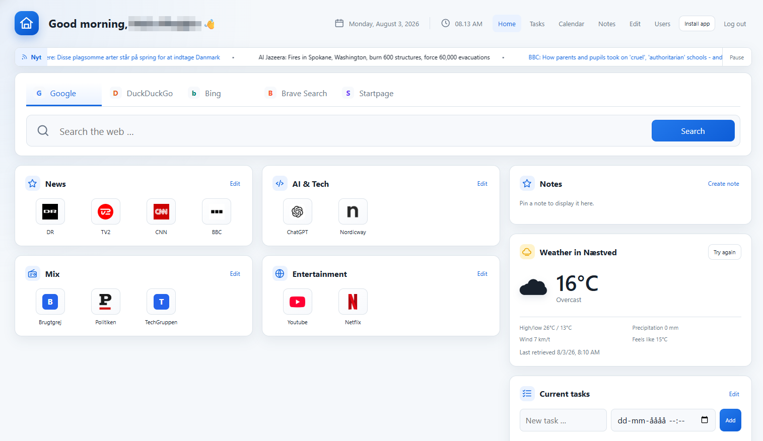 The actual That's My Dash start page with search, favorites, notes, weather and tasks